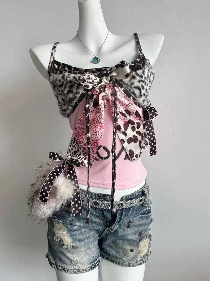 Gyaru Pink Cami Top, Leopard Fluffy Chest 45511:852611