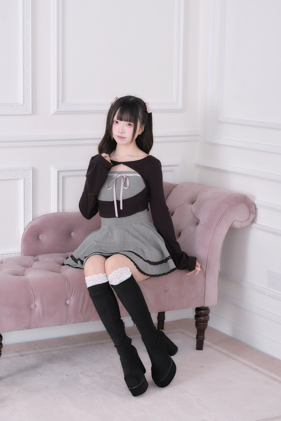 Ryousangata Plaid Dress, Knit Bolero & Elastic Shorts 44815:822701