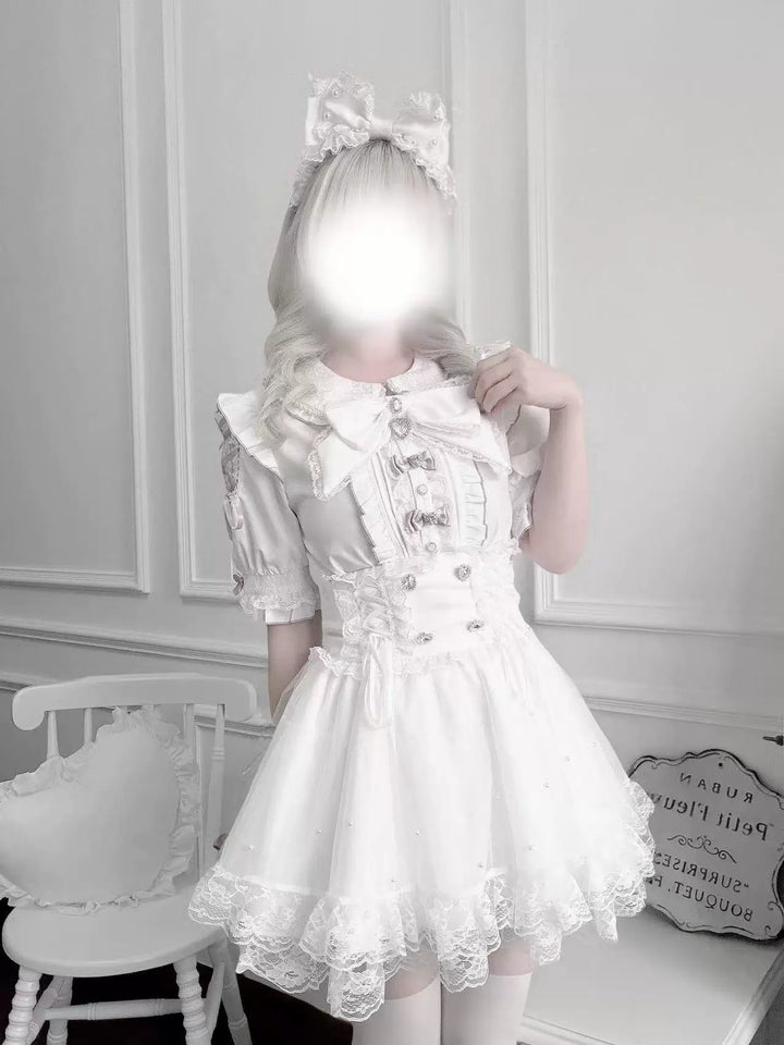 Jirai Kei Lace Collar Blouse, Pearl-decorated Skirt (L M S) 45869:867399