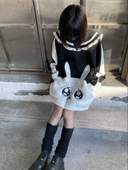 Jirai Kei Black White Hoodie With Bunny Design 29460:346918