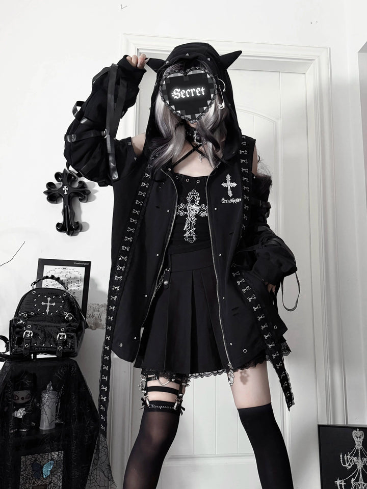 Gothic Open-Shoulder Hoodie Jacket with Devil Horns 46063:875395