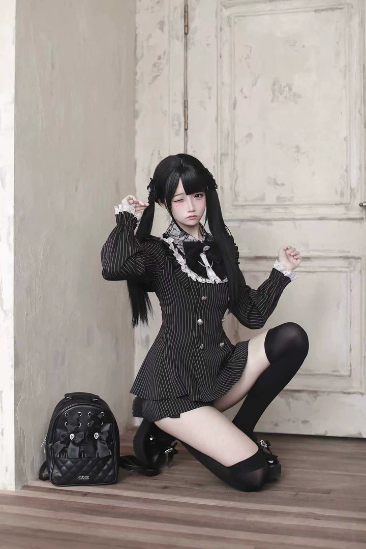 Black Striped Jirai Kei Set Up, Waist-cinching Dress 44921:828324