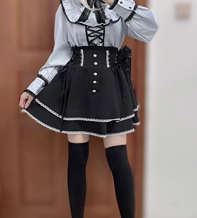 Jirai Kei Pearl Lace Up Butterfly Bow Black Skirt (F / 黑白（现货）) 21738:311020