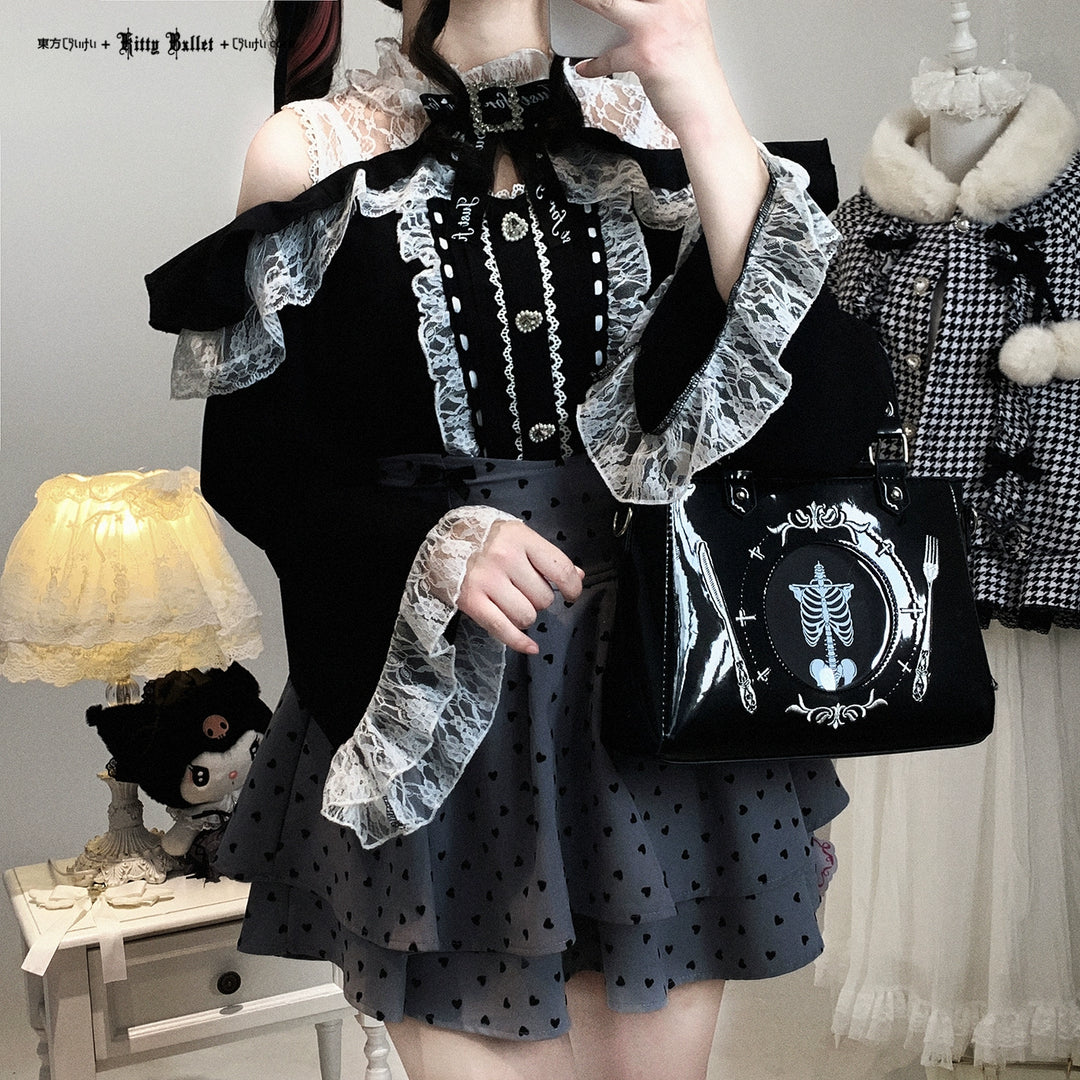 Lace Open-Shoulder Jirai Kei Blouse, Long Sleeves 44004:793111