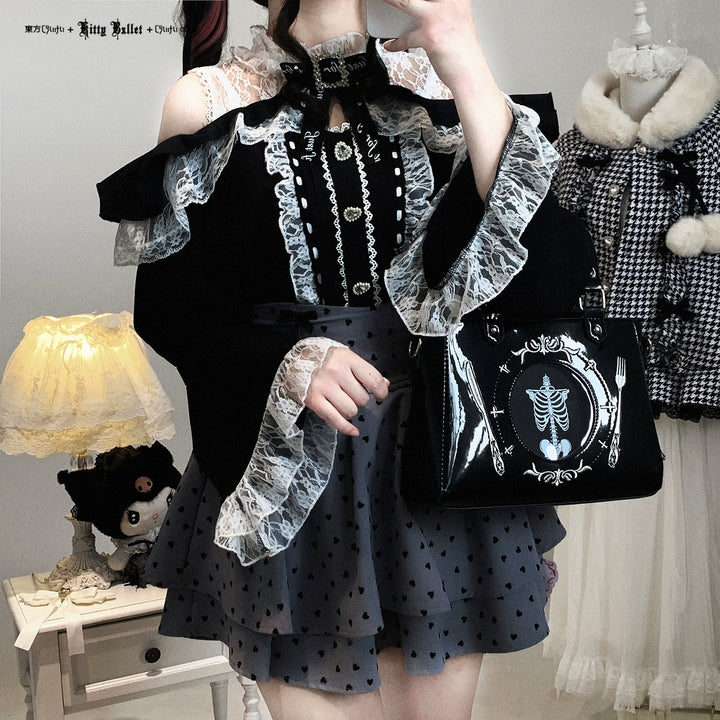 Lace Open-Shoulder Jirai Kei Blouse, Long Sleeves 44004:793111