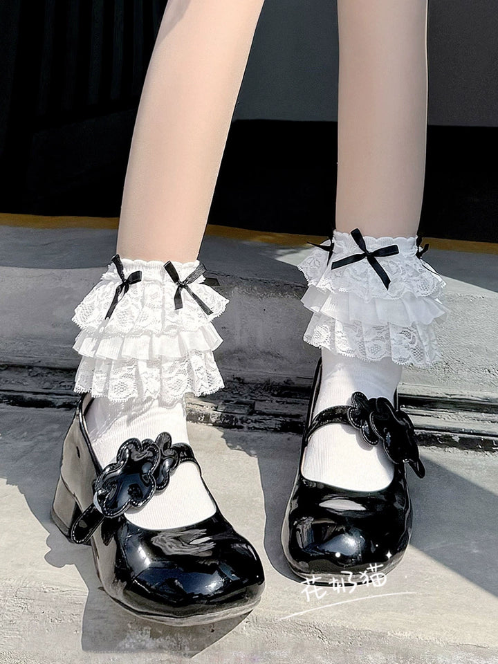 White Lolita Socks Bow And Lace Mid-Calf Cotton Socks 35630:500880 35630:500880