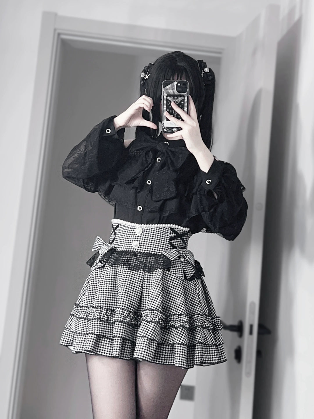 Jirai Kei Lace Skirt, Black Jacquard And Houndstooth Style (L M S XL) 44163:801148