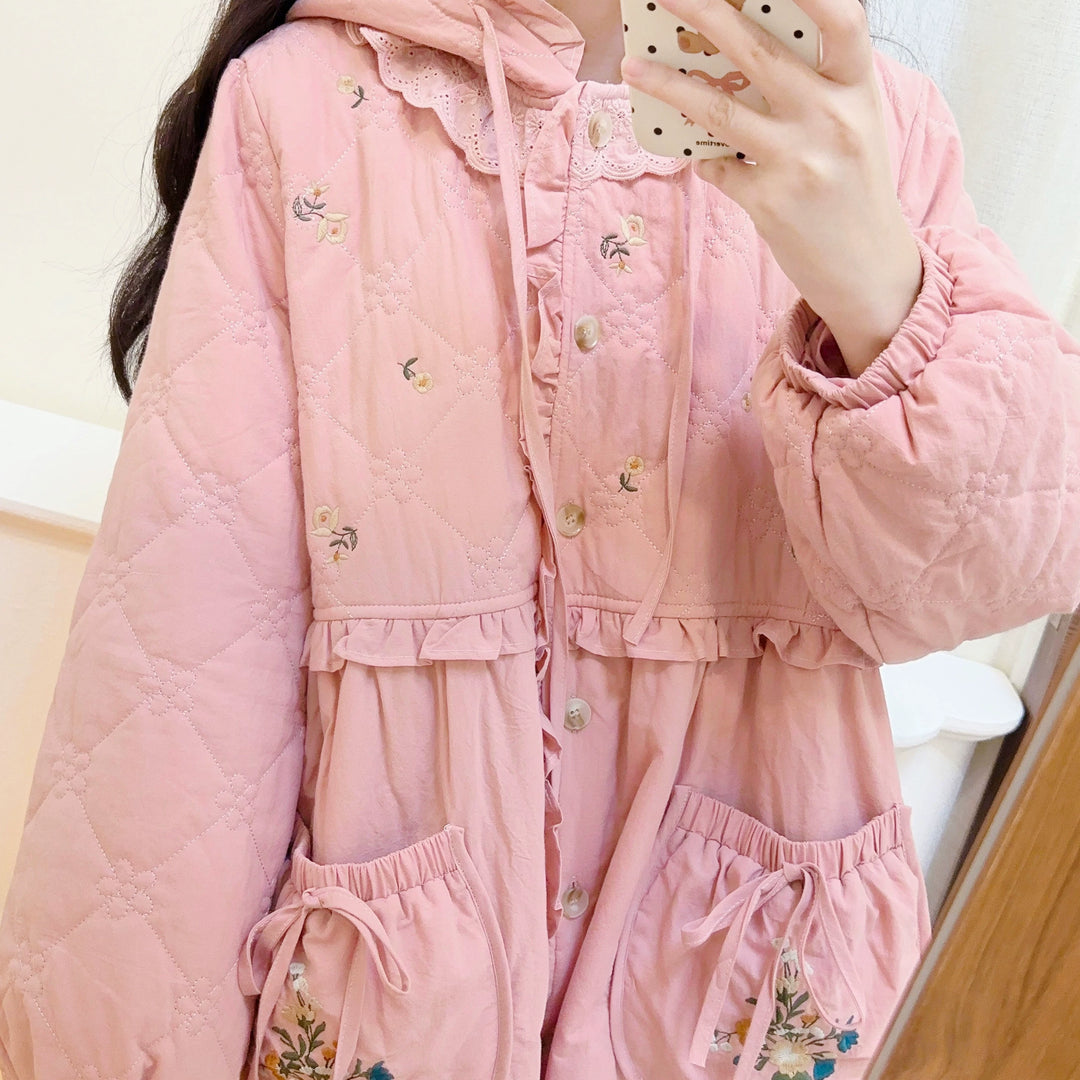 Mori Kei Winter Coat Embroidered Pink Hooded Jacket Honey Wardrobe