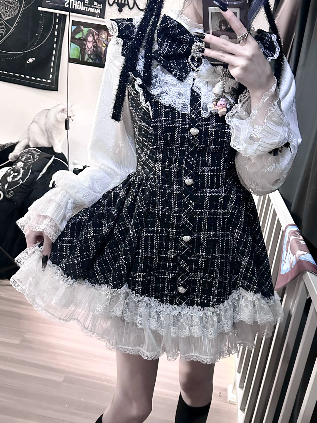 Jirai Kei Plaid Dress Set, Petal-Shaped Lace Hem 44765:825657