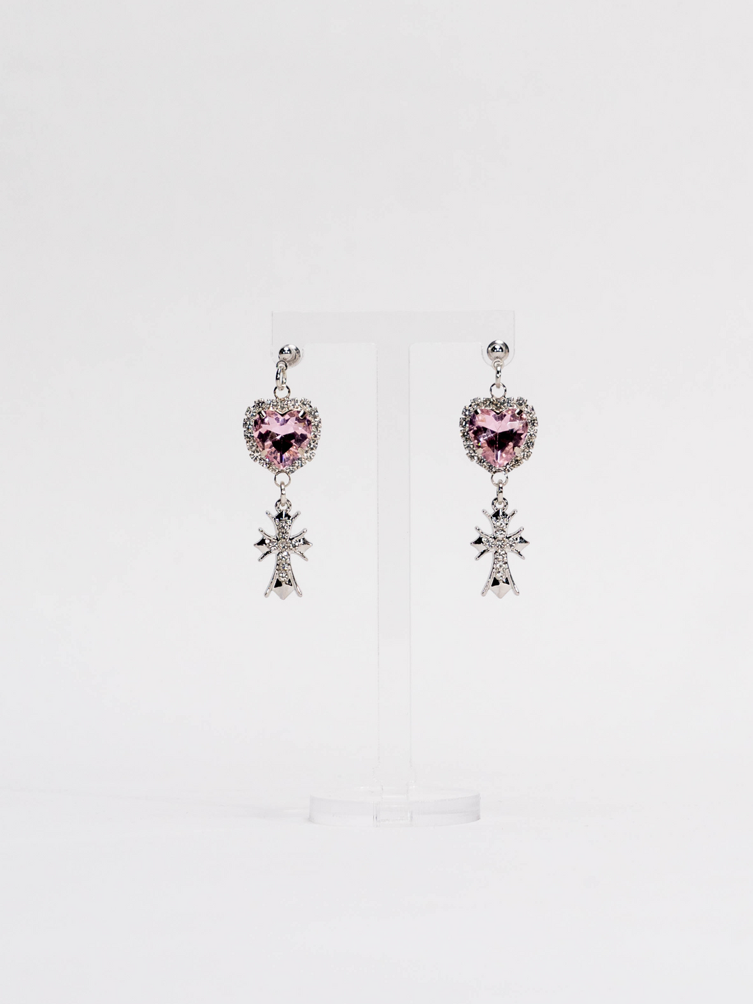 Jirai Kei Heart-Shaped Rhinestone Cross Earrings 21626:310048