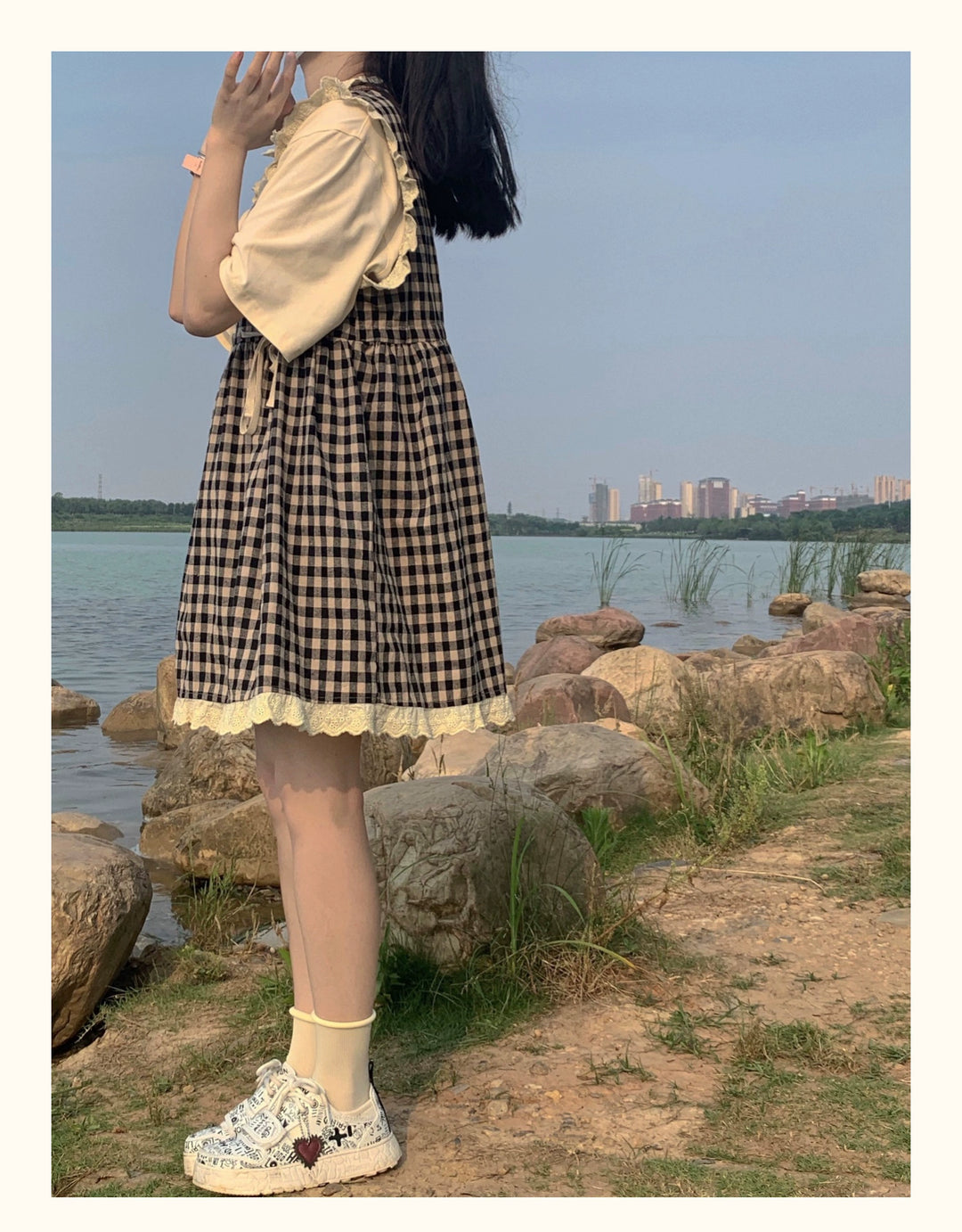 Kawaii Dress Mori Kei Dress Plaid Vest Dress Cotton Linen Dress 36450:523360 36450:523360