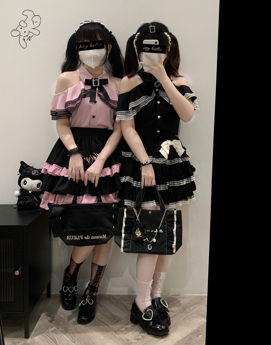 Jirai Kei Black And Pink Tiered Lace Skirt 21798:318516