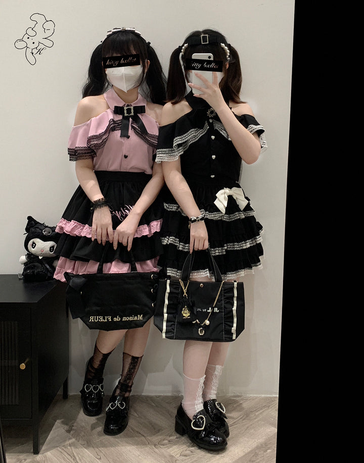 Jirai Kei Black And Pink Tiered Lace Skirt 21798:318516 21798:318516