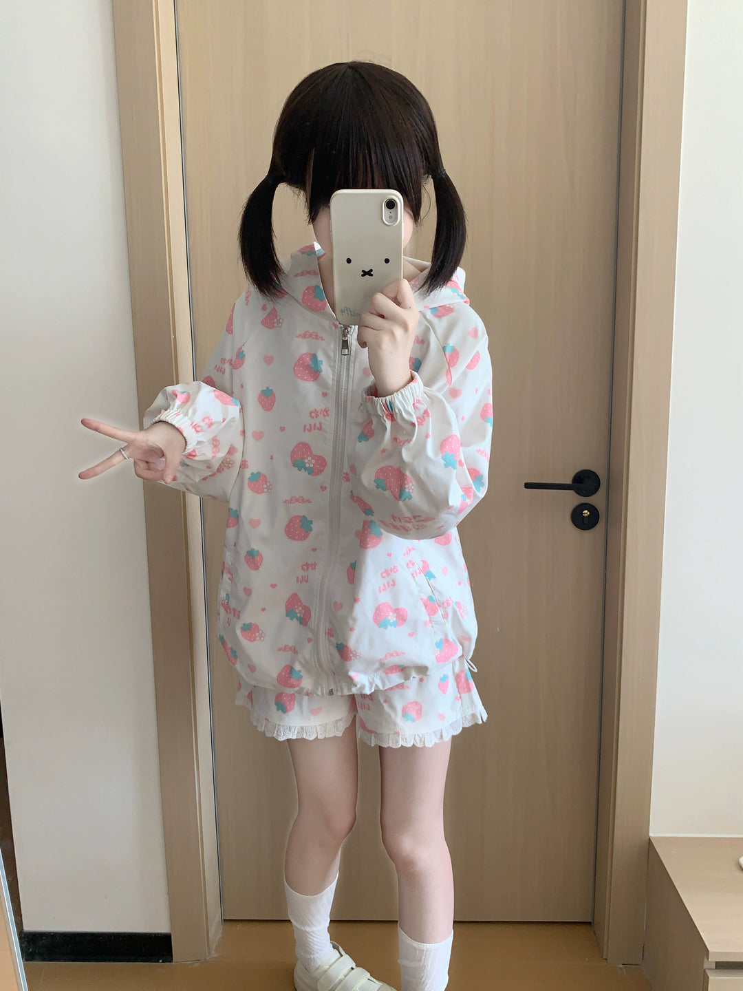 Kawaii Bunny Ears Jacket Set With Strawberry Bunny Prints 42900:760356