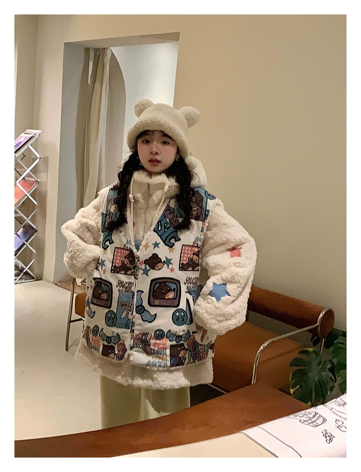 Kawaii Winter Coat Thickened Print Reversible Hooded Coat 39796:640884