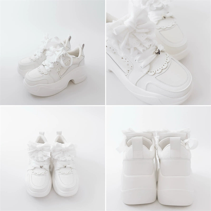 Jirai Kei Sneakers Platform Shoes With Lace Bow and Ruffle Trim 42161:729262