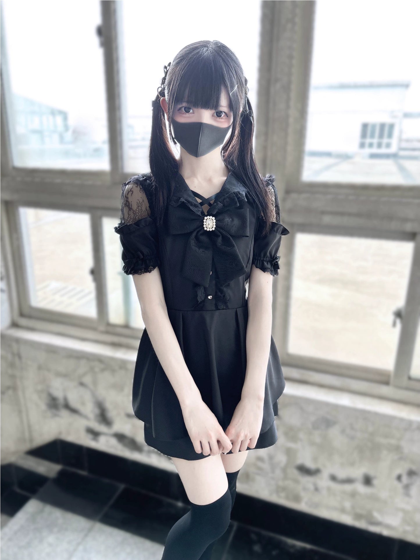 Jirai Kei Dress Set Black Short Sleeve Dress And Shorts 37848:571596
