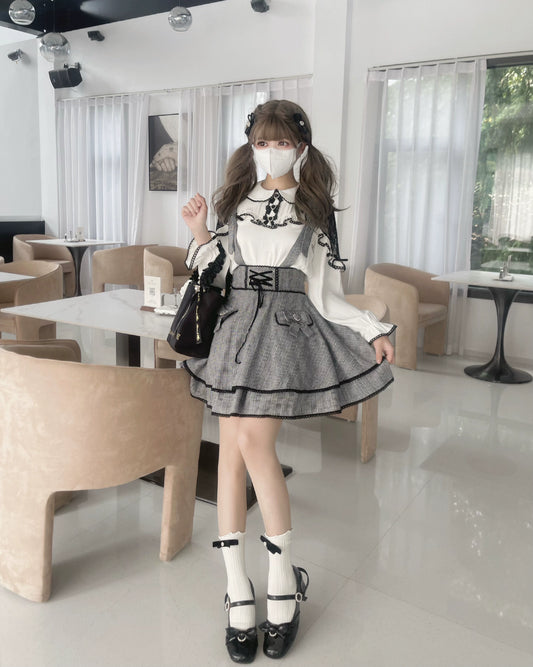 Jirai Kei Set Up White Lace Blouse Plaid Skirt Overall Dress 32960:431748