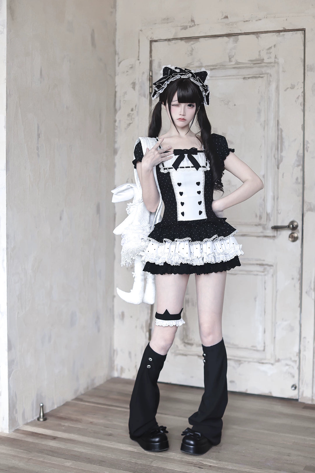 Old School Style Polka Dot Dress, Heart Button Decoration (M S) 45455:850827
