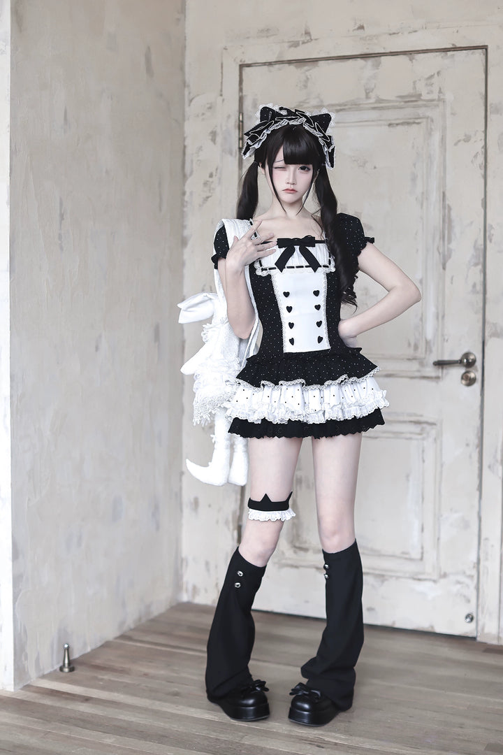 Old School Style Polka Dot Dress, Heart Button Decoration (M S) 45455:850827