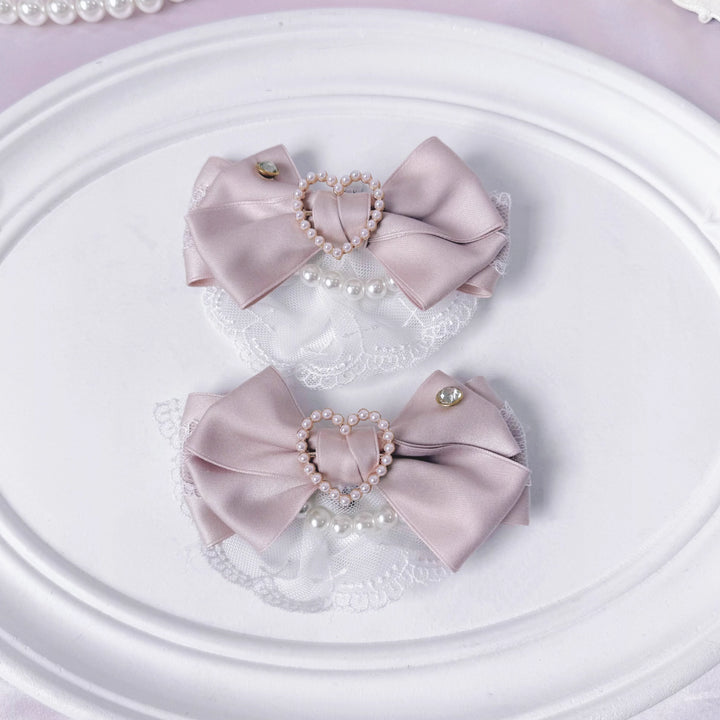 Jirai Kei Bowknot Shoe Clips, Heart-Shaped Faux Pearl 45356:845553