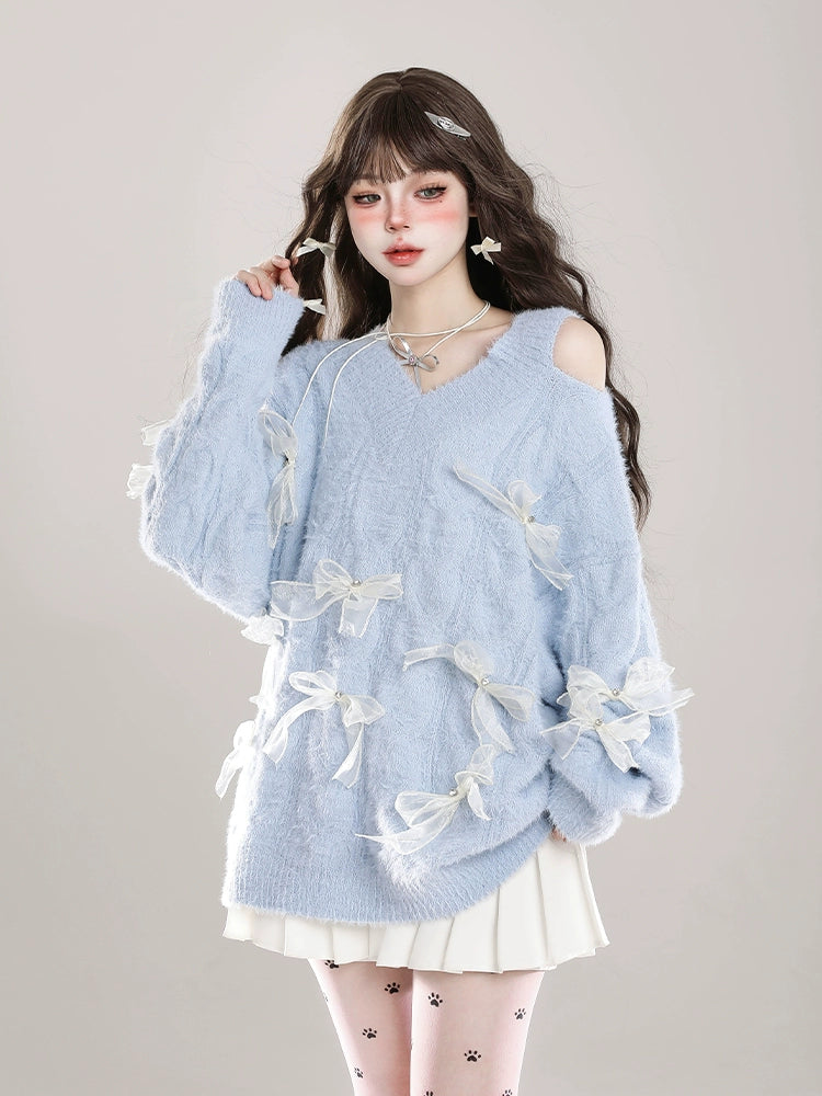 Sweet Winter Sweater, Open-Shoulder, Ribbon Bows (Blue / L M S XL) 44070:795158