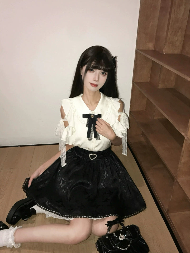 Seiso Kei Ruffled Shoulder Blouse, Butterfly Pattern Skirt 45622:858750