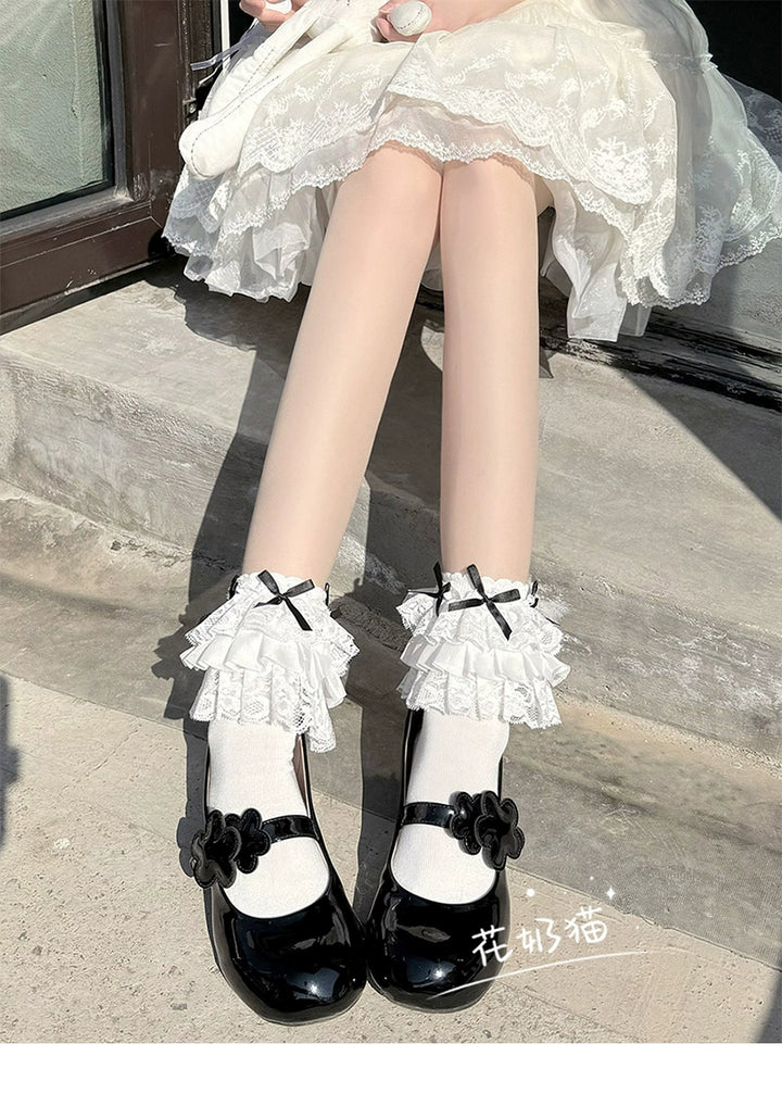 White Lolita Socks Bow And Lace Mid-Calf Cotton Socks 35630:500876 35630:500876