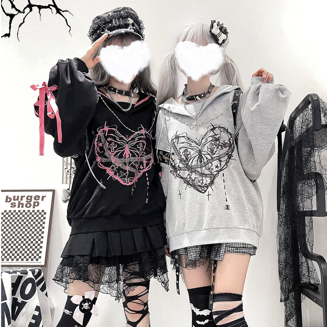 Jirai Kei Outfit Set Gothic Sailor Collar Hoodie Skirt Set 35762:517436