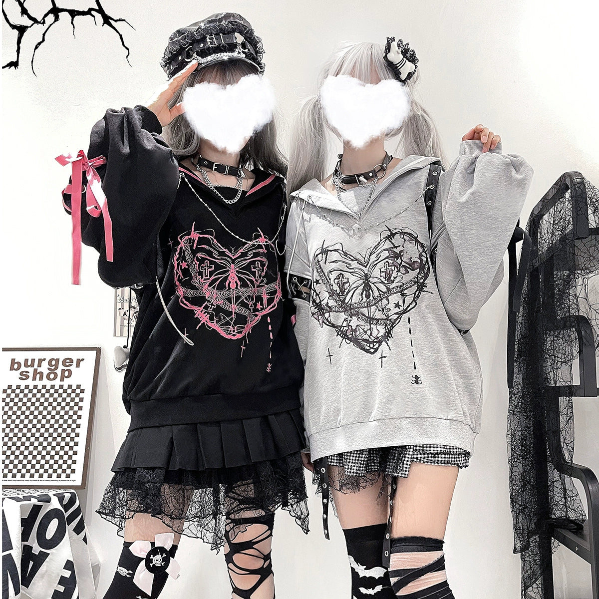 Jirai Kei Outfit Set Gothic Sailor Collar Sweatshirt Set 35762:517436