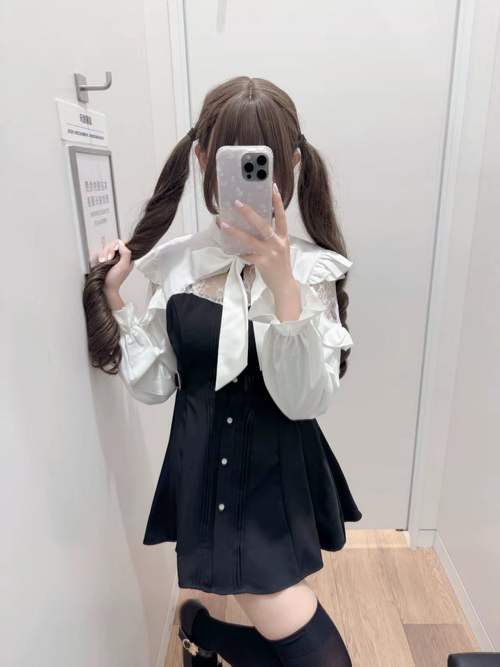 Seiso Kei Black and White Dress, Lace Shoulder (L M S XL) 44073:795961