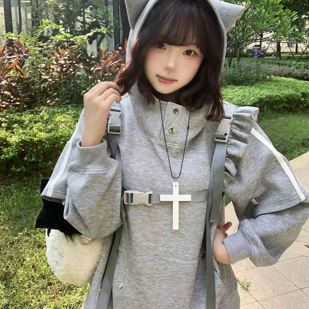 Jirai Kei Hoodie Lace-up Cat Ear Sweatshit Grey Top 39704:637026