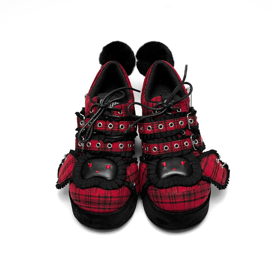 Y2K Shoes Red Plaid Platform Shoes Bandage Bunny Shoes (34 35 36 37 38 39 40) 34394:471236