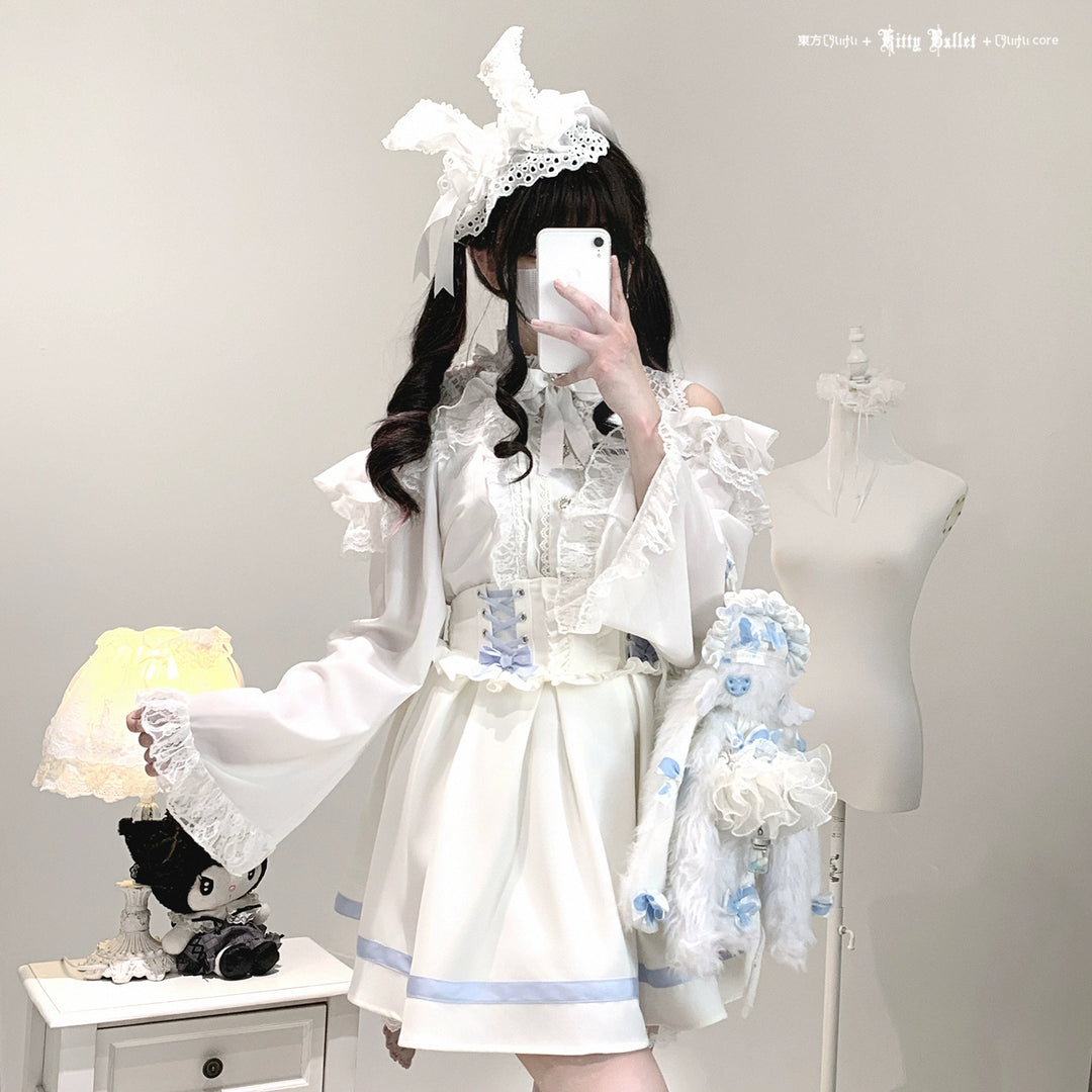 Lace Open-Shoulder Jirai Kei Blouse, Long Sleeves 44004:793117