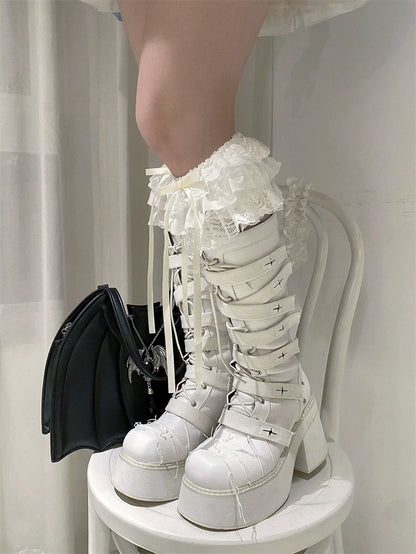 Punk Combat Boots Cross Strap Black White Boots 33822:446170