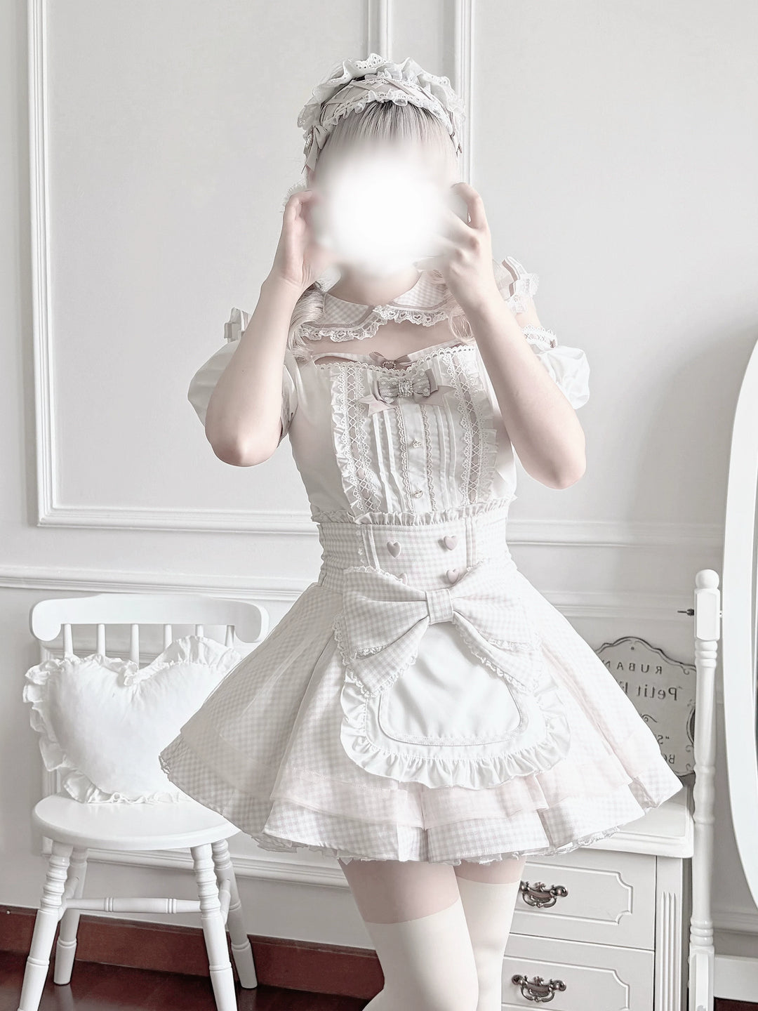 Jirai Kei Gingham Maid Blouse and Skirt Set, Detachable Apron 45659:858674