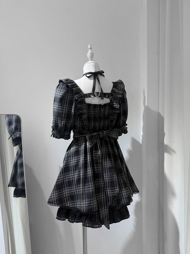 Plaid Jirai Kei Dress Set, Halter Neck, High Waist 43555:779695