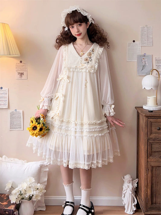 Sunflower Daily Lolita Dress Mori Kei Dress Long Sleeve Dress (Dress / L M S) 36478:552296