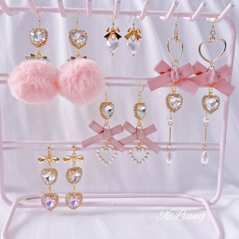 Jirai Kei Earrings Pink Heart Rhinestone Bow Ear Clips 33800:449874 33800:449874