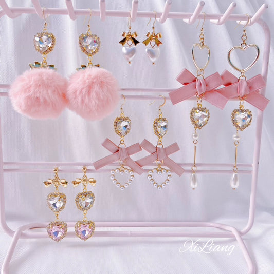 Jirai Kei Earrings Pink Heart Rhinestone Bow Ear Clips 33800:449874