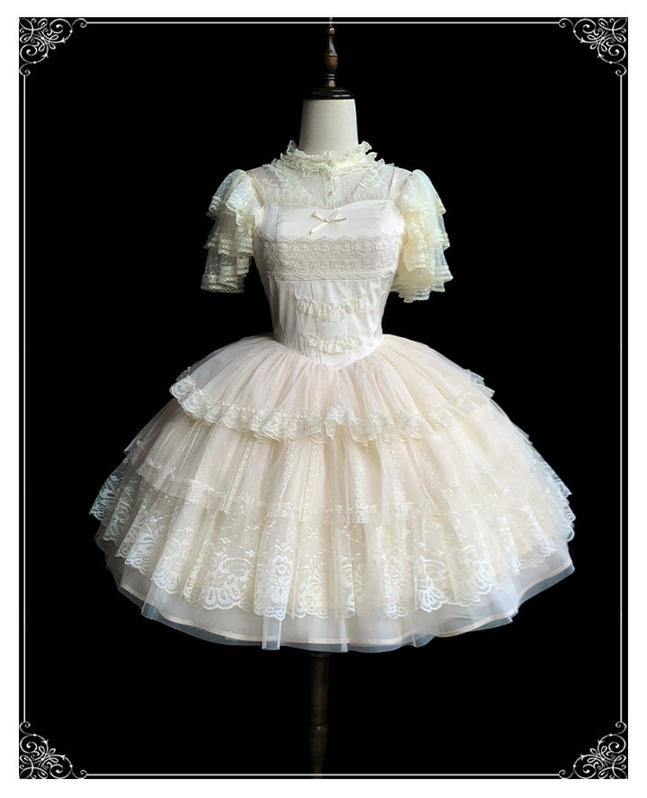 Classic Lolita Dress With Large Flounce Hem And Beige Puff Sleeves Shirt 38068:608718