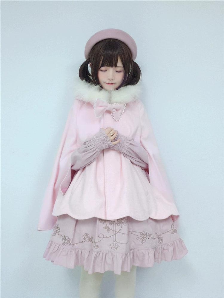 Sweet Lolita Winter Coat Woolen Coat Petal Hem Hooded Cape 40652:672120