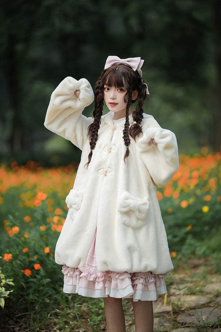 Kawaii Beige Winter Coat Bunny Fur Toggle Coat 22762:353514