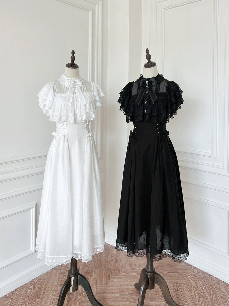 Black / White Jirai Kei Long Dress, Detachable Bow, Cross Detail 43510:778732