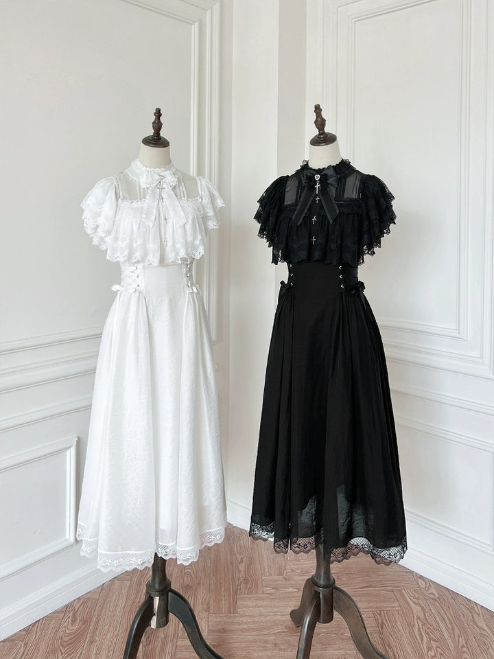 Black / White Jirai Kei Long Dress, Detachable Bow, Cross Detail 43510:778732
