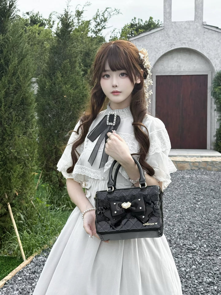 Ryousangata Square Handbag, Lace Bow & Diamond Quilting 45754:862837
