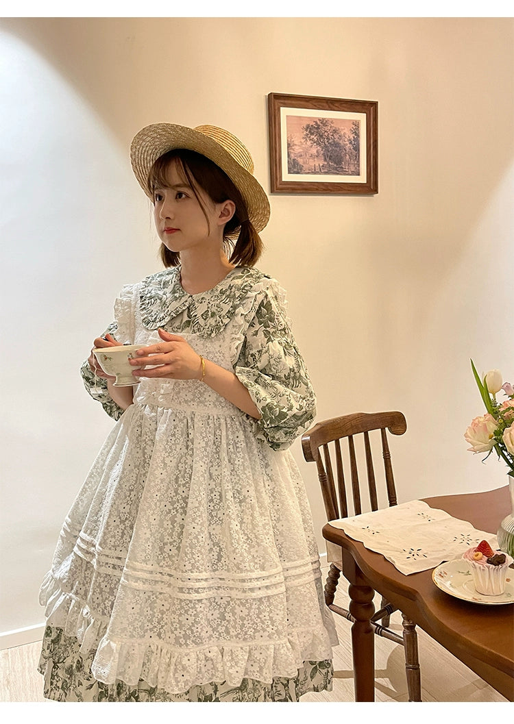 Mori Kei Apron White Lace Floral Apron Dress Suspender Skirt 36556:531306