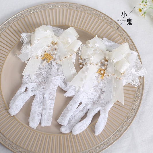 Lolita White Black Gloves With Lace Bow 22546:321876