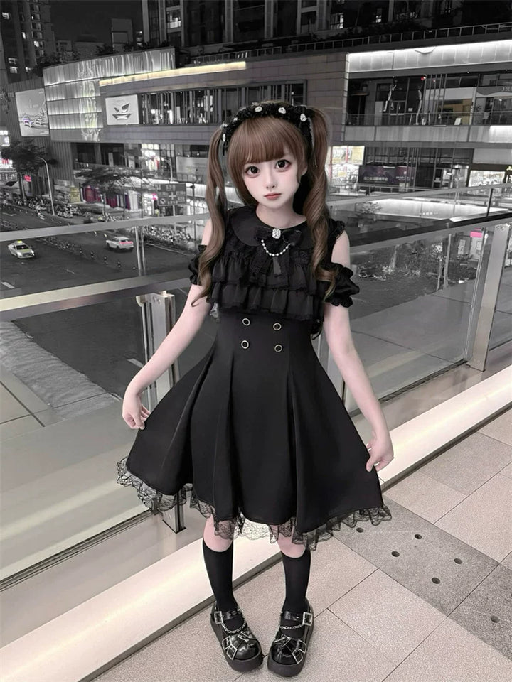 Jirai Kei Open Shoulder Dress, Layered Chest Ruffles 45366:847744