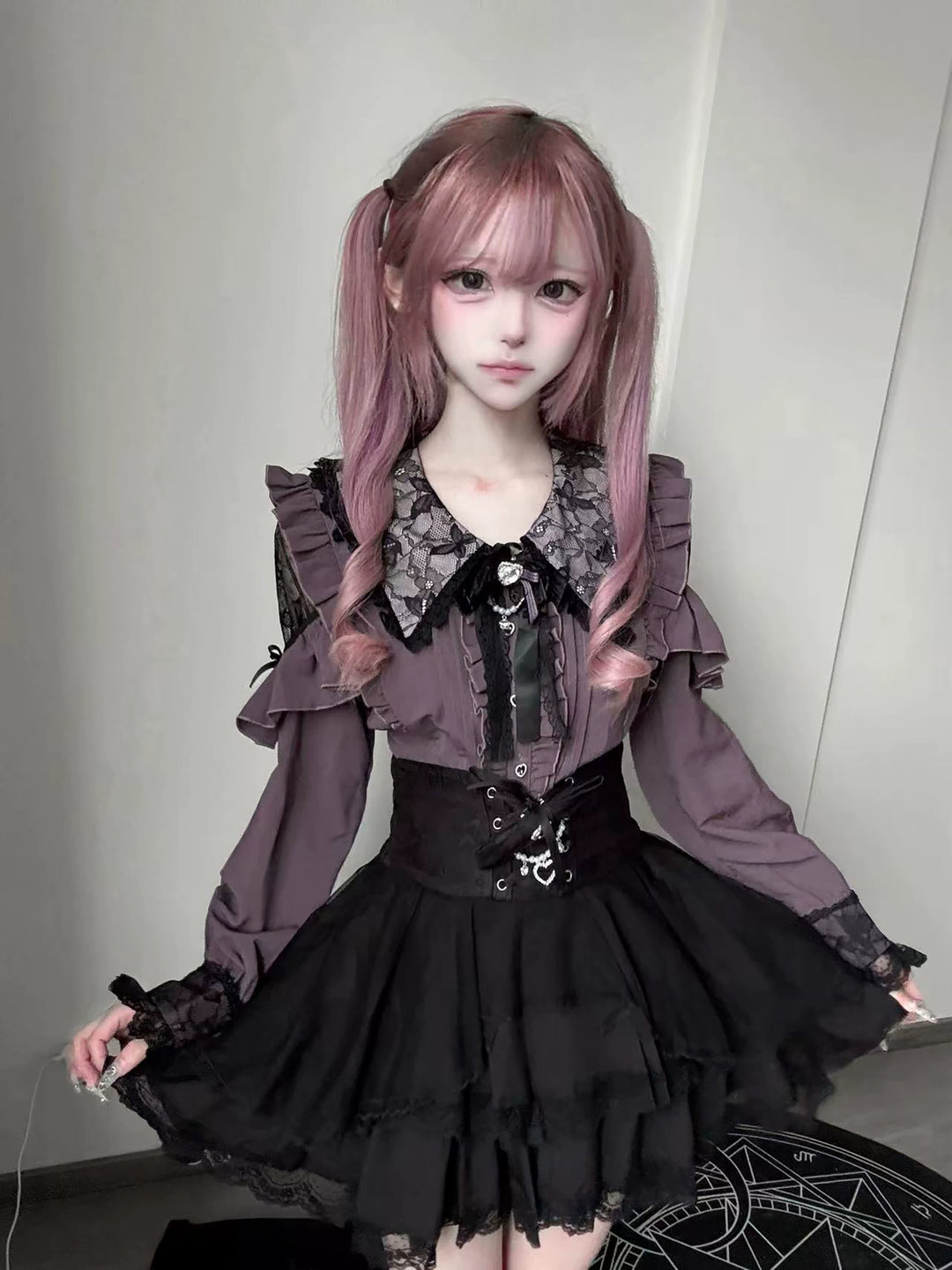 Jirai Kei Long Sleeve Blouse, Lace Open-Shoulder 44588:815103